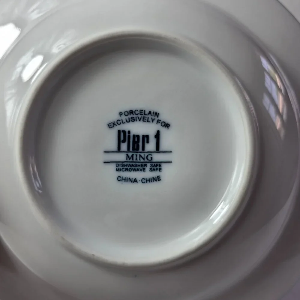 ONE Pier 1 Ming Rim Soup Bowl White with Blue Leaves and Flowers